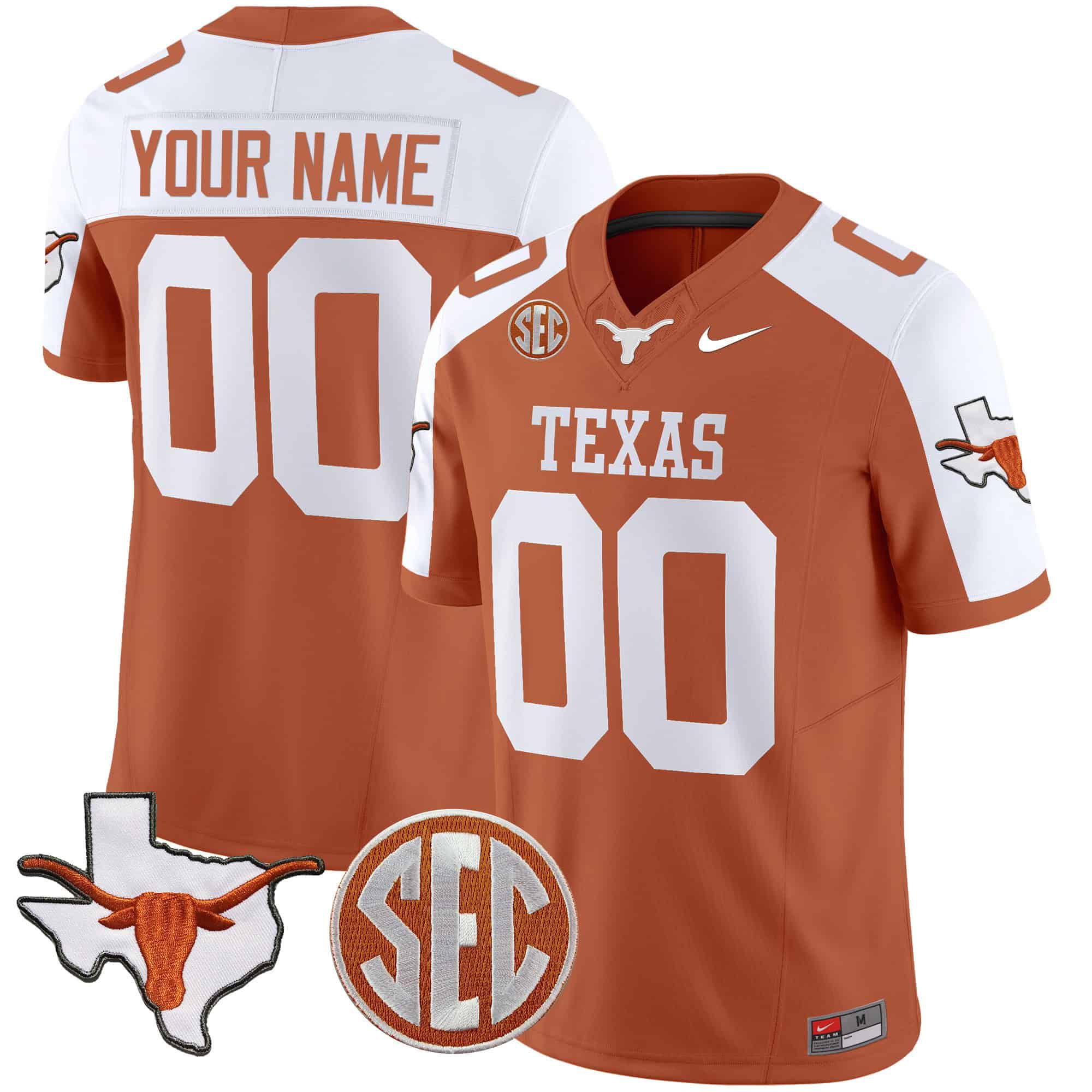 Men Texas Longhorns Orange 2024 Nike State Map & SEC Patch Vapor Custom NCAA Jersey